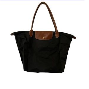 Longchamp Black & Tan Le Pliage Medium Top Handle Nylon Handbag